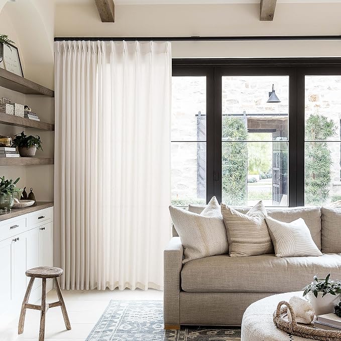 Linen Semi Sheer Pleated Curtains 84 Inches Long 100 Inch Wide Cream | Extra Wide, 100 x 84 Drapes, for Living Dining Room Patio Sliding Door, Light Filtering, Pinch Pleat Drapes, Ivory, Boho