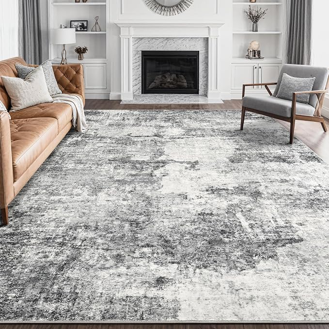 DMOYEST 8x10 Area Rug for Living Room, Washable & Non Slip Large Indoor Carpet, Kid & Pet Friendly Soft Thin Low Pile Abstract Rug for Bedroom and Office - Grey