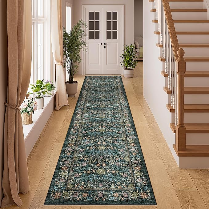 DUKINO 2x8 Runner Rug, Washable Vintage Floral Kitchen Rug, Blue | Non Slip, Low Pile, Non-Shedding, Stain Resistant Aesthetic Soft Carpet Runner for Hallway Bathroom Laundry Bedroom Entryway