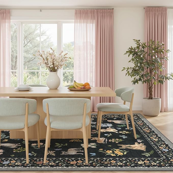 Soalmost Dog 8x10 Area Rugs for Living Room, Washable Animal Soft Rug Black | Floral Vintage Non-Slip Low Pile Cute Throw Large Rugs for Classroom Bedroom Dining Room Nursery Playroom 8' x 10'
