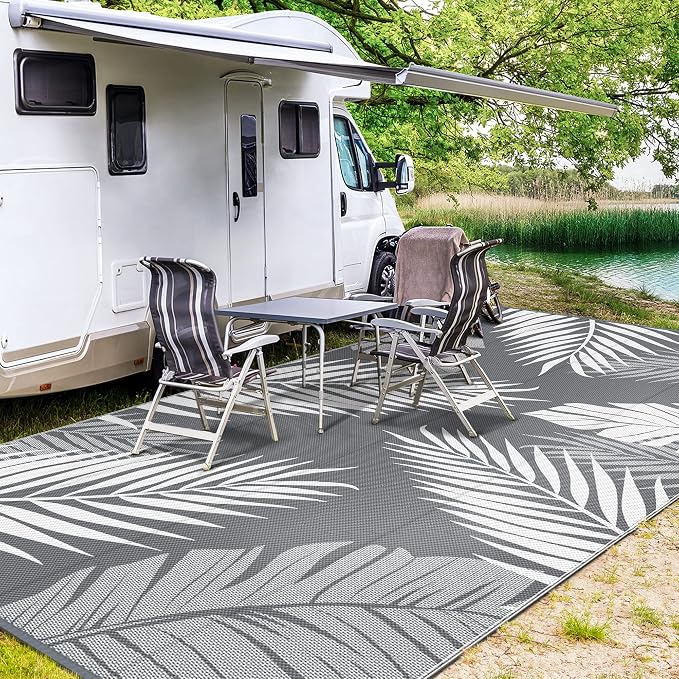 GENIMO Outdoor Rug, Waterproof Plastic Rugs 9'x18' for Camping Grey White | Outside Larger Leaf Carpet Mat for Patio Decor, RV, Porch, Camper, Deck, Picnic, Beach, Backyard, Reversible, Foldable