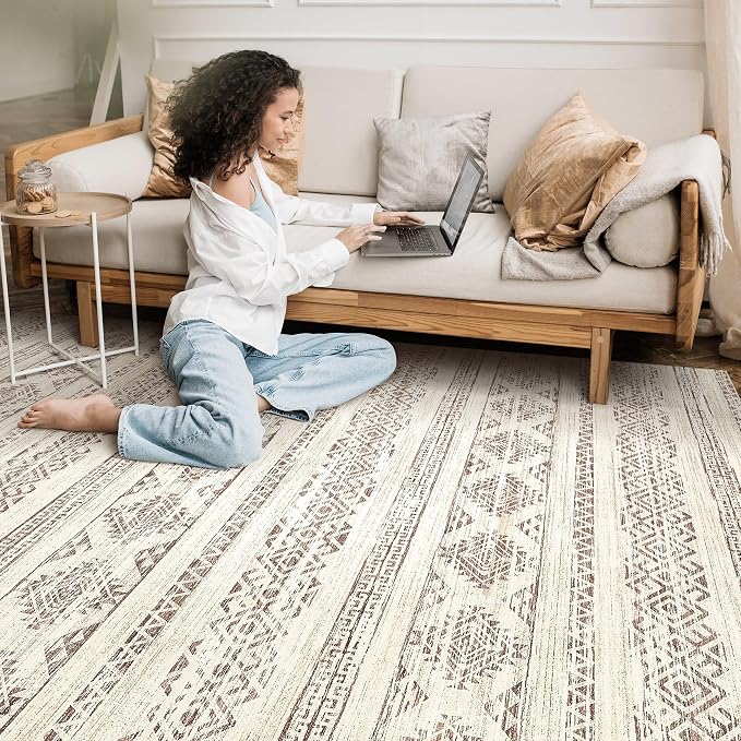 Tortania Area Rug Living Room Rugs - 7x9 Washable Large Soft Neutral Boho Moroccan Bohemian Farmhouse Rug Indoor Floor Carpet for Bedroom Under Dining Table Home Office Decor - Brown