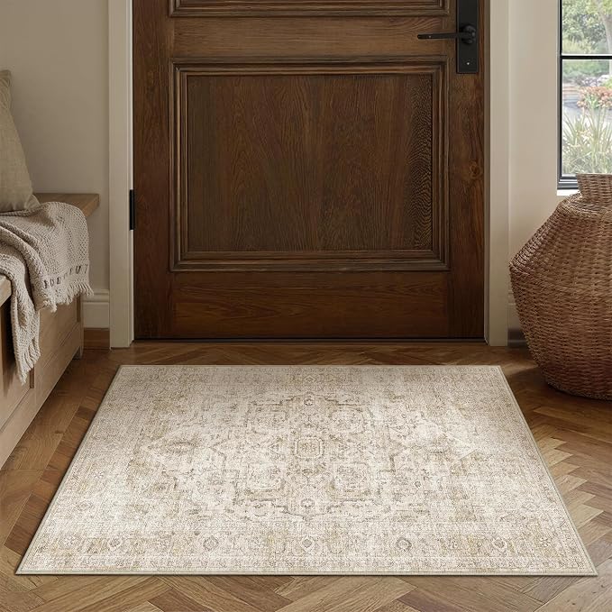 HUGEAR 2x3 Small Area Rugs Beige Machine Washable Rug Entryway Rug Room Decor Distressed Vintage Indoor Door Mat Low Pile Non Slip Carpet for Kitchen Living Bedroom Soft Lightweight