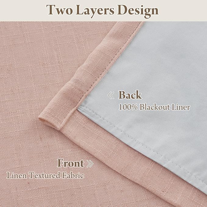 RYB HOME Linen Blackout Curtains 96 inches Long, 100% Blackout Noise Reducing Thermal Insulated Natural Textured Curtains for Farmhouse Dining Room, Pink, 40" W x L96 L, 2 Panels Set