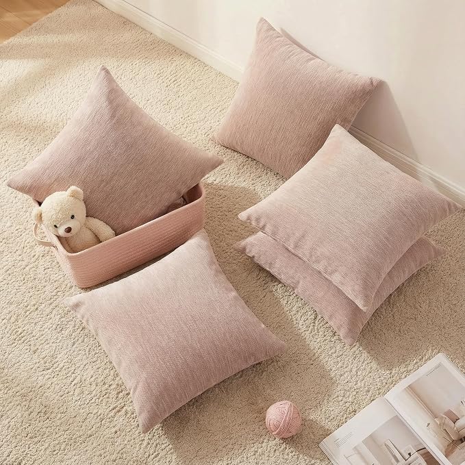 Set of 4 Blush Pink Throw Pillow Covers 20x20 Inch, Neutral Boho Farmhouse Aesthetic Decorative Pillow Cases for Couch, Sofa, Living Room & Bed, Chenille Pillow Cases, Stylish Home Decor, 50x50 cm