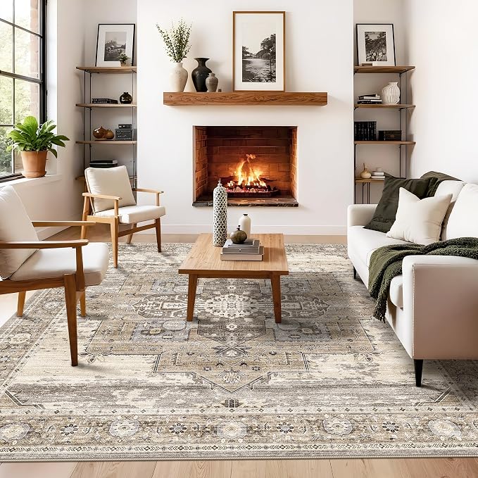 RUUGME 8x8 Square Area Rug for Living Room Washable Beige | Low Pile Non Slip Soft Rug for Bedroom, Dining Room, Office and Entryway with Stain Resistant Easy Care Design