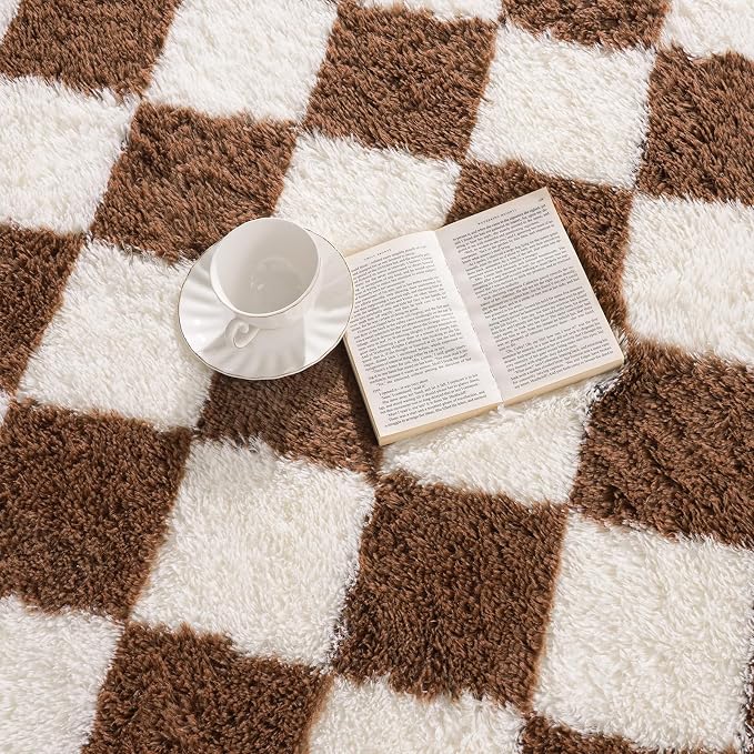 Pionblank 9x12 Area Rug, Large Fluffy Checkered Rugs for Living Room, Shag Rug for Bedroom, Soft Non Slip Shag Carpet for Kids Room Nursery Home Decor, Brown and Cream White