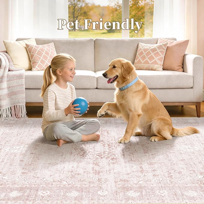 Pink Washable Rugs 5x7, Neutral Vintage Boho Carpet for Nursery | for Bedroom and Living Room, Low Pile Indoor Area Rug with Non-Slip Silicone Backing, Non-Shedding, Thin