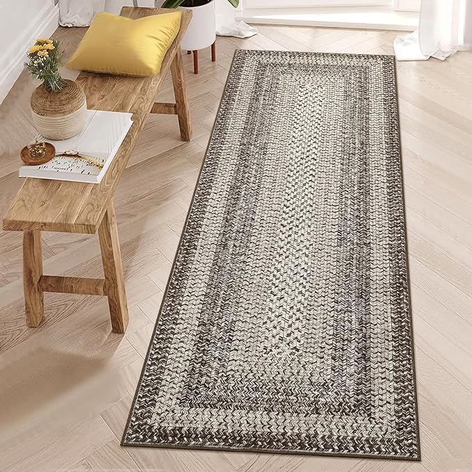 RUGSREAL Runner Rug for Hallway Kitchen Runner Rug 2x10, Machine Washable Long Runner Throw Carpet with Rubber Backing, Stain Resistant Braided Printed Entryway Carpet for Bedroom Living Room, Mocha