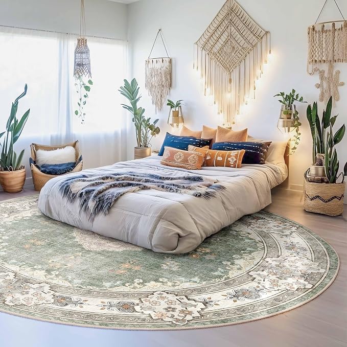 MUJOO Green Round Rug 9ft,Circle Washable Area Rug Non Slip Floral | Large Circular Rugs for Living Room Bedroom Dining Room Boho Throw Carpet Low-Pile Soft Floor Indoor Flowers Sage Green
