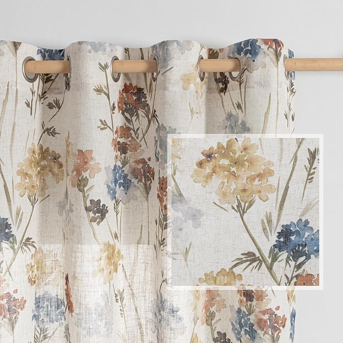 MYSKY HOME Floor to Ceiling Linen Floral Curtains 108 Inch Length 2 Panels Semi Sheer Light Filtering Farmhouse Flower Print Patterned Window Grommet Curtains for Dining Room, 52"W Each Panel, Yellow