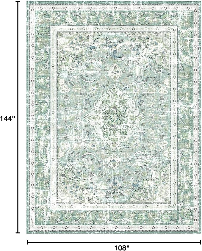 Vhong Boho Area Rugs Vintage Washable Modern Neutral Large Carpet Sage Green 9×12 High Traffic Rugs for Dinning Room Living Room Bedroom Farmhouse Non Slip