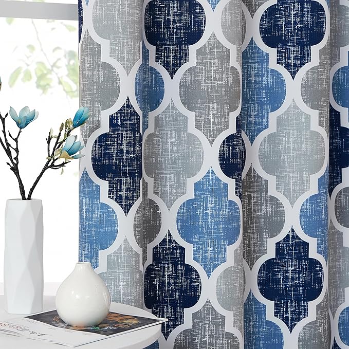 Beauoop Moroccan 100% Blackout Sliding Door Curtains Blue Grey 100x84 1 Set | Geometric Room Darkening Patio Curtains Extra Wide Room Divider Drapes Thermal Soundproof Lattice Window treatment Grommet