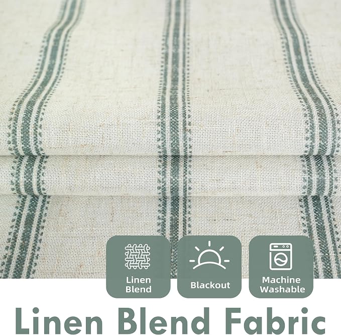 DriftAway Farmhouse Stripe Blackout Curtains, W52xL63, Loden Green | Blackout, Linen Texture, Stripe Pattern, Rod Pocket & Back Tab, Two Layers, Bedroom Living Room Use, Sound Reducing Design