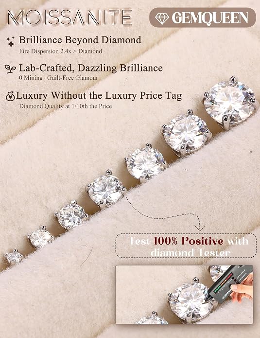 GEMQUEEN Moissanite Earrings Studs : 18K Gold Plated Solid 925 Sterling Silver Stud Earring for Women Men Hypoallergenic Dainty Moissanite Jewelry for Sensitive Ears Round Cut D Color VVS1 2-7.5mm