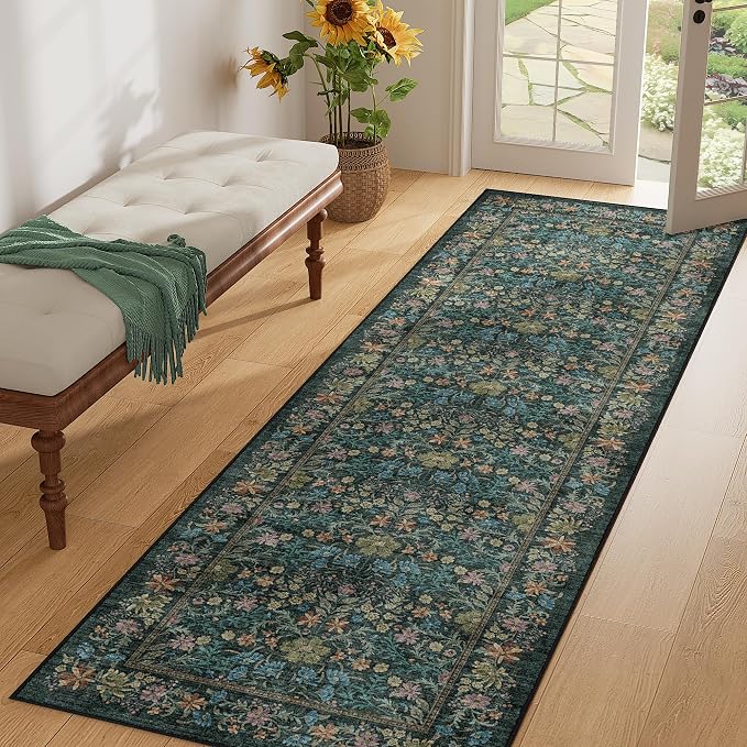 DUKINO 2x6 Runner Rug, Washable Vintage Floral Kitchen Rug, Blue | Non Slip, Low Pile, Stain Resistant Boho Soft Throw Carpet Runner for Hallway Bathroom Laundry Bedroom Entryway, Non-Shedding
