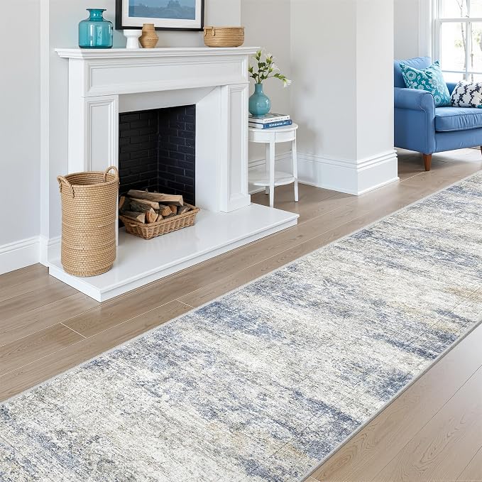 2x10 Runner Rug Non Slip,Washable Hallway Runner Rug,Blue | Long Neutral Rugs for Kitchen,Entryway,Bedroom,Bathroom,Laundry Room,Thin,Soft Runner Rug,Stain Resistant Indoor Carpet