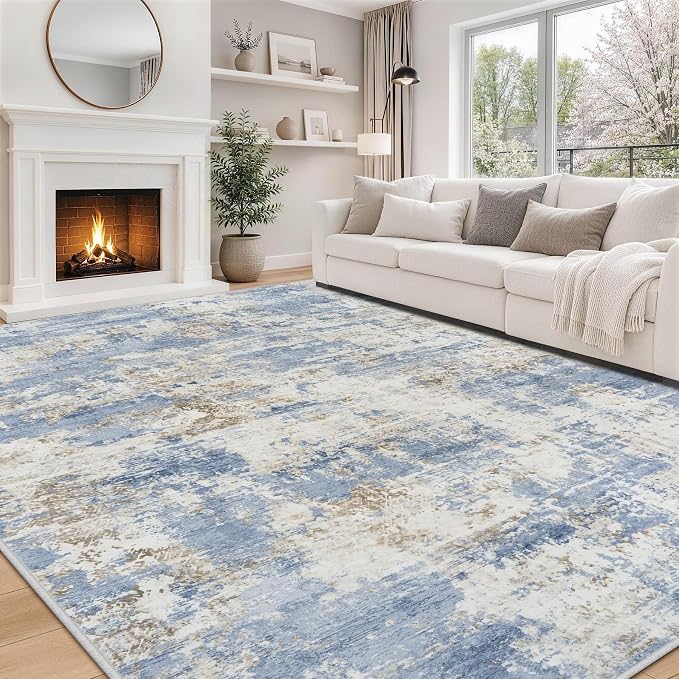 8x10 Area Rugs for Living Room Rug Washable: Modern Large Rug for Dining Room Bedroom Carpet Non Slip 8 by 10 Indoor Abstract Nursery Home Office Blue