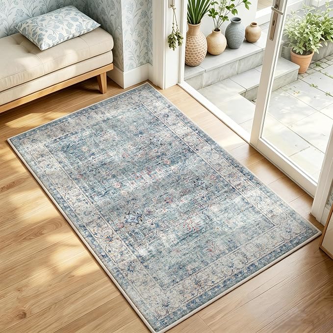 Beauoop 2x3 Washable Blue Neutral Vintage Distressed Oriental Entryway Rug | Non Slip Low Pile Oriental Soft Thin Small Carpet Throw Rugs Door Mat Retro Entry Entrance Kitchen Bedroom Bathroom Laundry