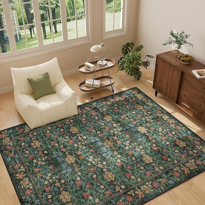 DUKINO 5x7 Area Rugs, Vintage Floral Washable Rug for Living Room, Green | Non Slip, Low Pile, Soft, Lightweight, Boho Indoor Carpet for Bedroom, Office, Dining Room, Dorm Room, Farmhouse, Home Decor