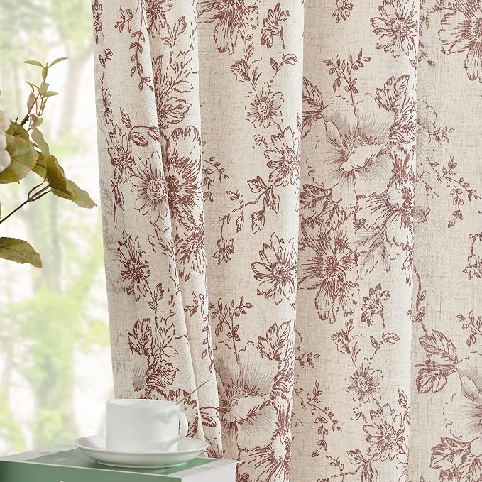 jinchan Red Floral Linen Curtains 63 Inch Farmhouse Back Tab 2 Panels | Light filtering drapes, semi sheer, farmhouse, cottagecore, rustic, living room, bedroom, rod pocket, window treatment