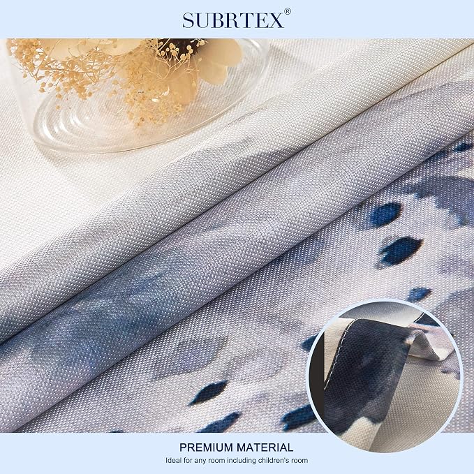 SUBRTEX Boho Leaf Printed Curtains 63 inch Long 2 Panels, Room Darkening Vibrant Floral Drapes, 50% Blackout Light Flitering Semi Sheer Farmhouse Curtains for Living Room, 52Wx63L, Dusty Blue Feather