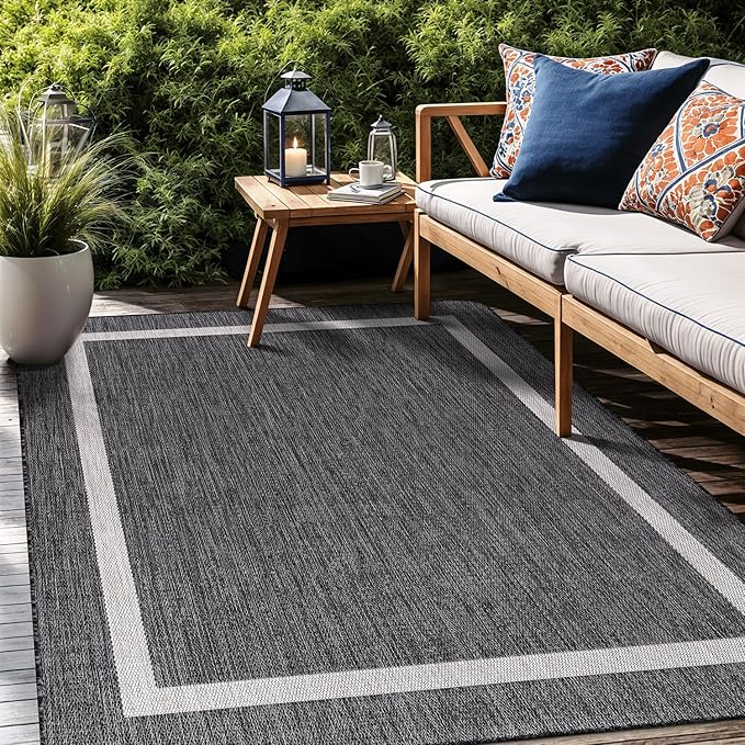 Luul Home Bordered Outdoor Rug 10x14 Washable Outside Carpet for Indoor Patio Porch Waterproof Easy Cleaning Non Shedding Area Rugs Gray 10 x 14