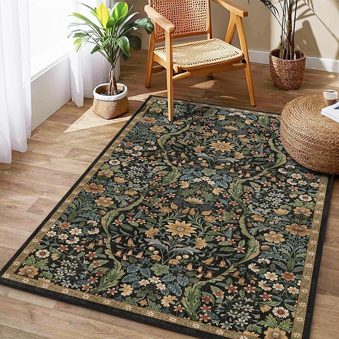 3x5 Black Brown Boho Floral Washable Rug,Soft Lightweight Low Pile Non-Shedding Carpet,Machine Washable Stain Resistant & Non-Slip for Entryway,Girls Bedroom,Kids Room,Living Room
