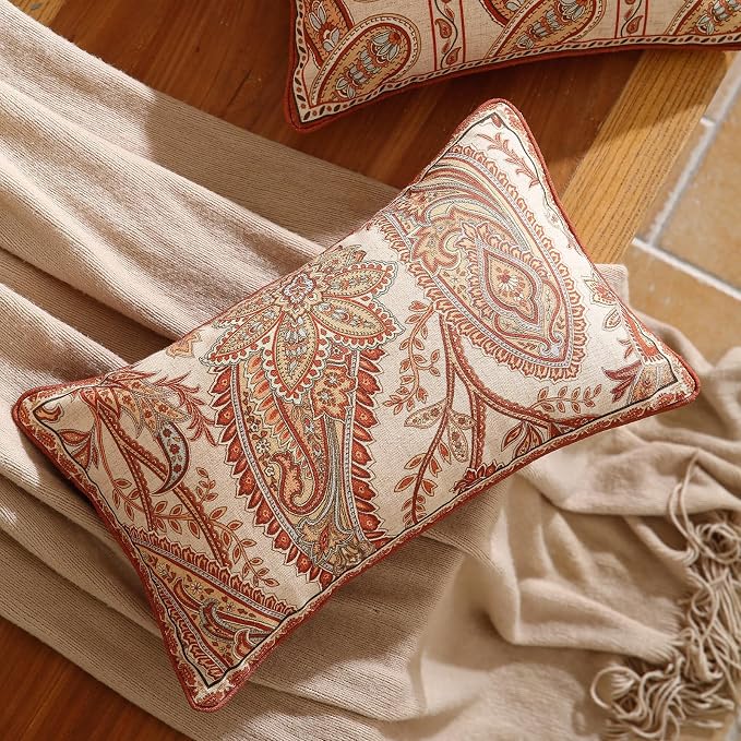 ISAENNE Vintage Linen Throw Pillow Cover,Set of 2,20"x12"-Chauffrey A | Designer Elegant Rectangle Pillow Cover,Concealed Zipper Design,Cashew Pattern,Sofa,Bedroom,Living Room,Lounge Chairs