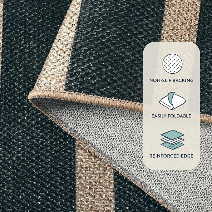 Lahome Striped Easy Jute 6x9 Area Rugs, Outdoor Patio Rug Washable Black | Porch Living Room Rug, Modern Farmhouse Neutral Non Slip Stain Resistance Indoor Carpet for Office Deck Classroom Dining Room