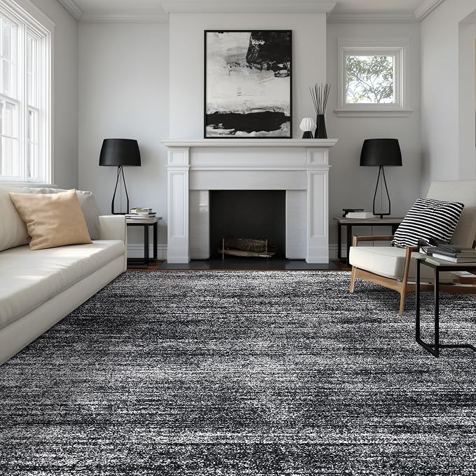 BILEEHOME Black Rug for Bedroom Modern Soft 6x9 Area Rugs for Under Table | Boho Neutral Abstract Carpet, for Living Room Diningroom, Low Pile, Washable Non Slip Rubber Backed, Hardwood Floor Protector