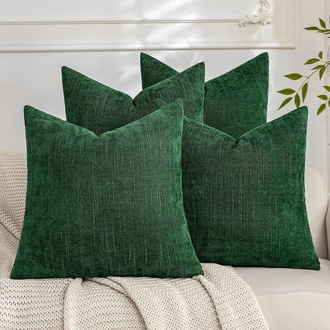 Set of 4 Soft Textured Decorative Throw Pillow Covers 16x16 Inch Cozy Farmhouse Cushion Cover Square Accent Pillow Cases for Bed Couch Sofa Living Room, Dark Green