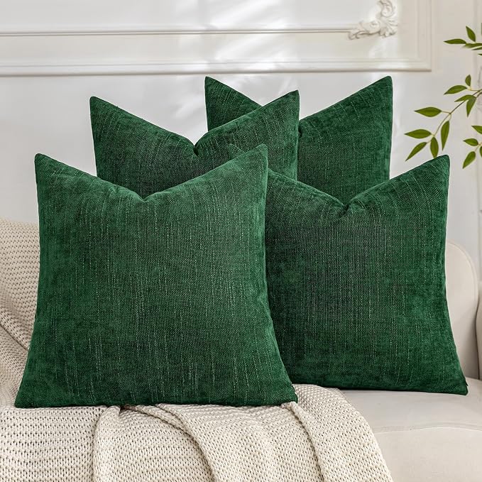Set of 4 Soft Textured Decorative Throw Pillow Covers 24x24 Inch Cozy Farmhouse Cushion Cover Square Accent Pillow Cases for Bed Couch Sofa Living Room, Dark Green