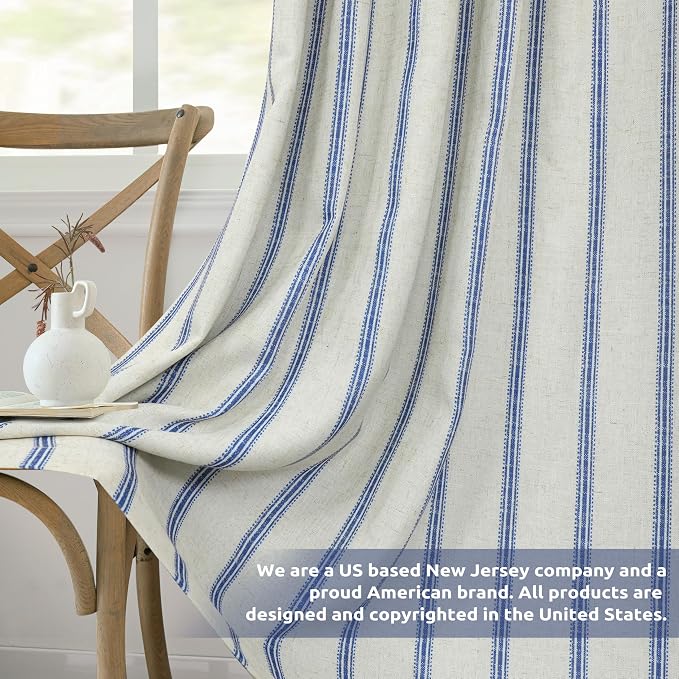 DriftAway Farmhouse Stripe Blackout Curtains, W52xL96, Navy | Blackout, Linen Texture, Stripe Pattern, Rod Pocket & Back Tab, Two Layers, Bedroom Living Room Use, Sound Reducing Design