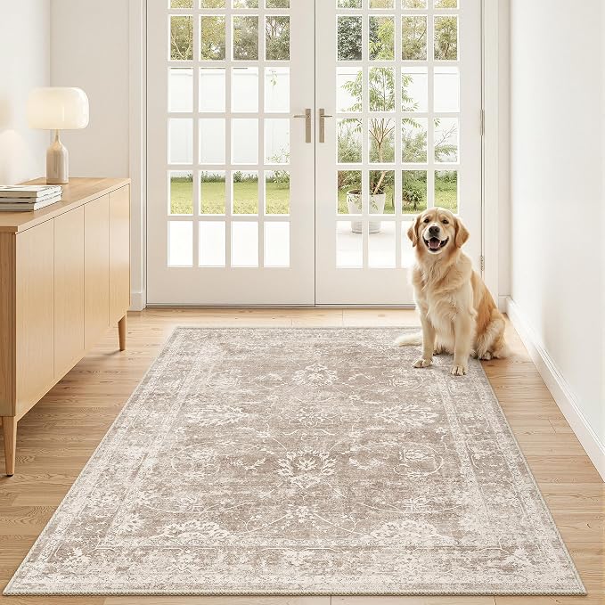 Madane 3x5 Area Rugs for Entryway,Washable Vintage Low Pile Non-Slip Throw Area Rugs, Accent Rug Floral Print Indoor Mat for Bedside Living Room Kitchen Bedroom, Brown/Sand