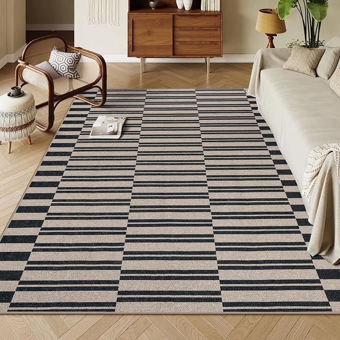 Lahome Striped Easy Jute Outdoor Patio Rug, 5x7 Dining Room Washable Rugs | Living Room Area Rug Black, Modern Farmhouse Neutral Non Slip Non Shedding Carpet for Porch Deck Classroom Entryway Office