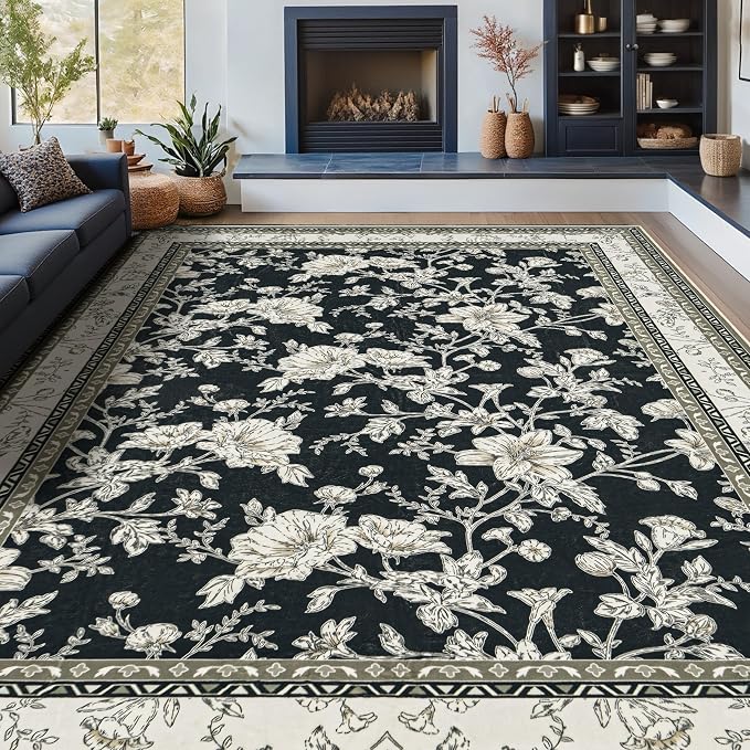 Large Black and Beige Area Rug 10x12 for Living Room Large Charcoal Cream Taupe Pattern Modern Boho for Bedroom Soft Vintage Area Rug Farmhouse Floral Carpet for Dining Room Guest Bedroom Home Decor
