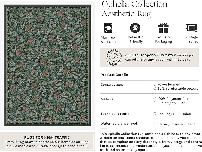 HUGEAR Retro Area Rugs 6x9 Washable Living Room Bedroom Rugs Vintage Floral Throw Carpet Green Stain Resistant Non Slip Low Pile for Home Aesthetic Modern Decor