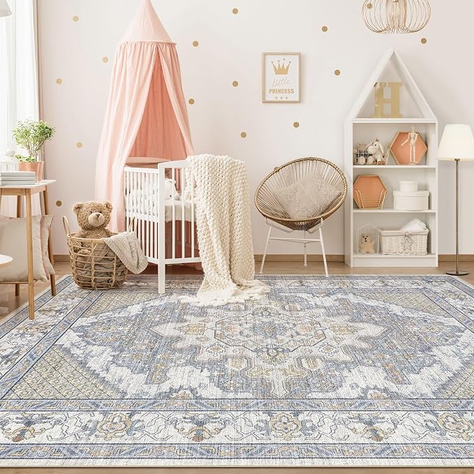 Tortania Area Rug Living Room Rugs - 12x15 Washable Boho Rug Vintage Oriental Distressed Farmhouse Large Thin Indoor Carpet for Living Room Bedroom Under Dining Table Home Office - Blue Beige