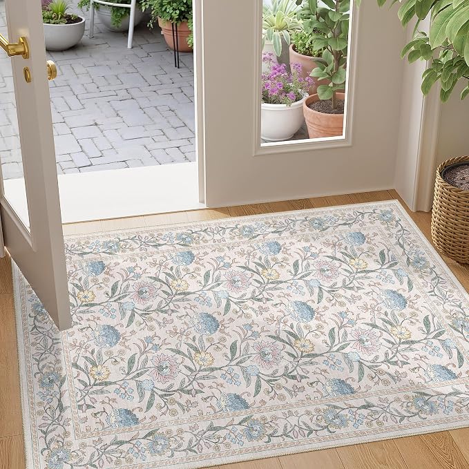 DUKINO 2x3 Rug, Washable Vintage Floral Bathroom Rugs Non Slip, Cream Blue | Low Pile, Stain Resistant Boho Soft Indoor Door Mat, Small Front Door Carpet for Entryway Kitchen Laundry Bedroom Farmhouse