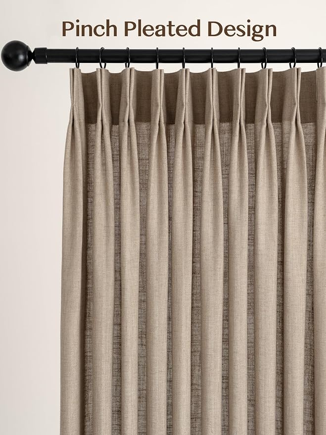 Liz Pinch Pleated Linen Curtains Light Filtering Curtains for Living Room, Farmhouse Window Curtains for Bedroom, Modern Drapes with Hooks and Rings, 108 Inches Long, Taupe Grey, 2 Panels Set