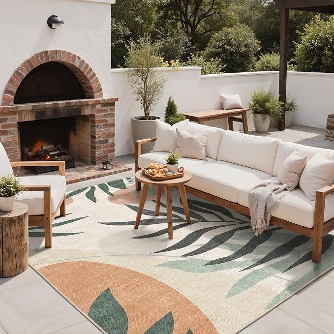 GENIMO 5x8 Outdoor Rug, Washable for Patio and Deck, Dark Beige Olive | Botanical leaf design for porch; fade resistant chenille with quick-dry non-slip backing for indoor sunroom.