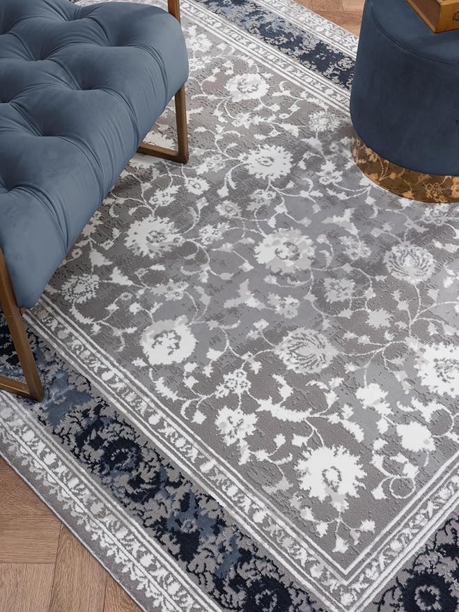 Amber Traditional Floral Area Rug for Living Room, 6x9 Vintage Persian-Inspired Blue Rug, Medium Pile Stain Resistant Carpet for Bedroom, Dining Room or Kitchen (6' x 9', Blue)