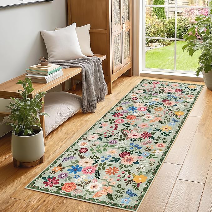 Runner Rug for Entryway: 2x5 Kitchen Rugs Non Slip Washable Ultra-Thin Soft Floral Carpet Indoor Floor Stain Resistant Carpets for Hallway Bedroom Kitchen Laundry Bathroom Dorm Green