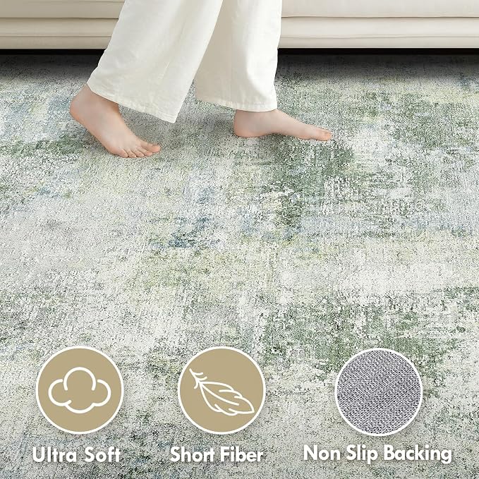 Tortania Area Rug Living Room Rugs - 10x14 Washable Large Soft Neutral Boho Moroccan Bohemian Farmhouse Rug Indoor Floor Carpet for Bedroom Under Dining Table Home Office Decor - Sage Green