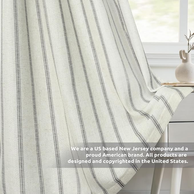 DriftAway Farmhouse Stripe Blackout Curtains, W52xL96, Gray | Blackout, Linen Texture, Stripe Pattern, Rod Pocket & Back Tab, Two Layers, Bedroom Living Room Use, Sound Reducing Design