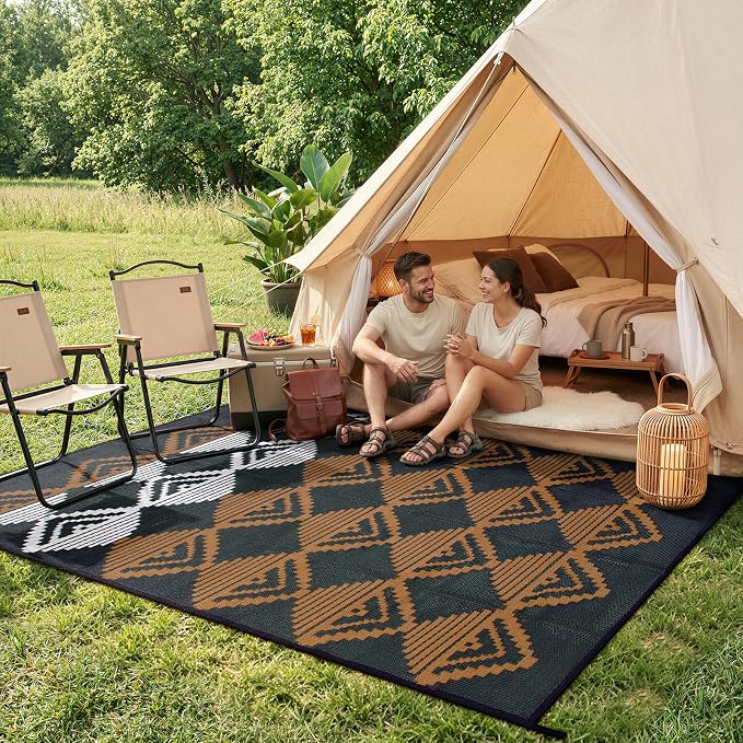 Beeiva RV Outdoor Rug 6x9 Waterproof for Camping, Reversible Plastic Straw Rug for Camper, Porch, Balcony, Foldable Outdoor Mat Black Brown