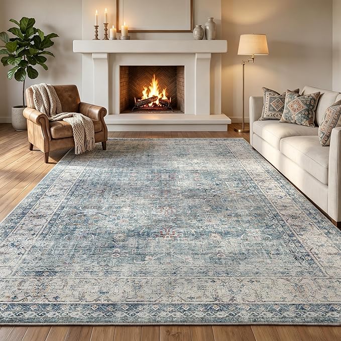 Beauoop 5x7 Washable Blue Neutral Vintage Oriental Area Rug for Living Room | Distressed Retro Traditional Pattern Non Slip Low Pile Soft Indoor Large Carpet Dusty Blue Bedroom Dining Room Office Nursery