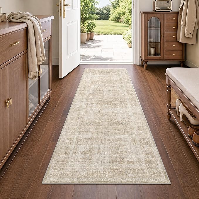Beauoop 2x6 Hallway Runner Rug Washable Beige Neutral Vintage Distressed | Cream Retro Non Slip Low Pile Oriental Soft Thin Indoor Carpet Rug Entryway Entrance Kitchen Laundry Bedroom Bathroom Bedside