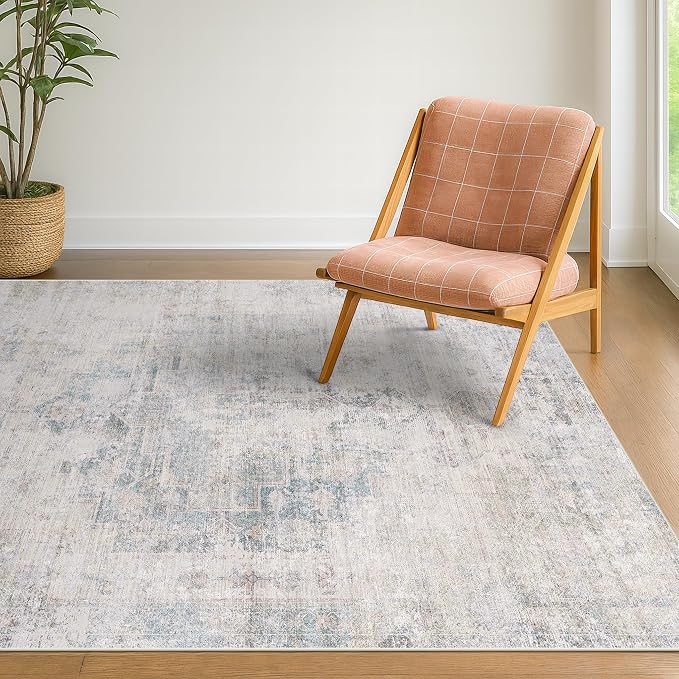 Washable 4x6 Rug for Small Living Room, Area Rug for Kitchen, Bedside, Large Entryway Indoor - Stain Resistant Non Slip with Rubber Backing, Unique Floral Aethestic Décor, Light Blue & Gray